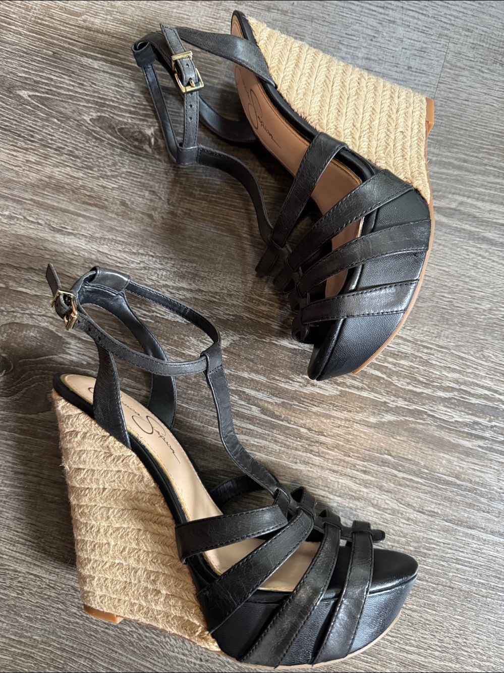 Jessica Simpson Black T-Strap Wedge Espadrille Sandals